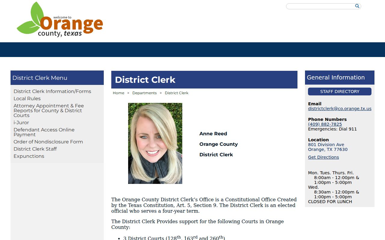 Orange County criminal docket District Clerk page