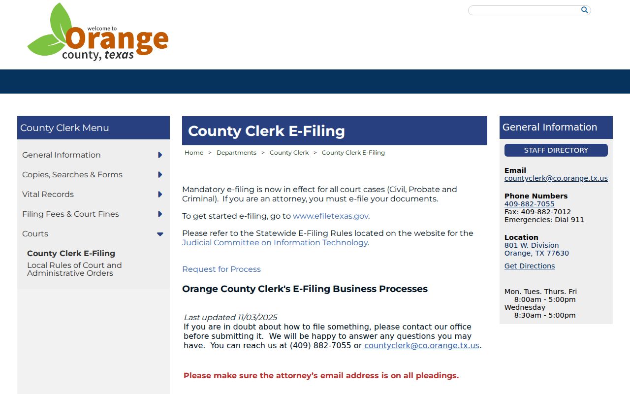 Orange County criminal docket eFileTexas and re SearchTX links