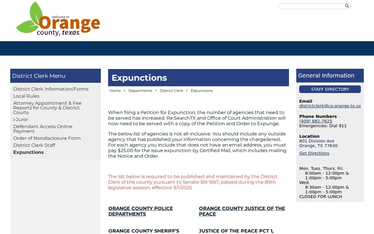 Orange County criminal docket expunction service notice