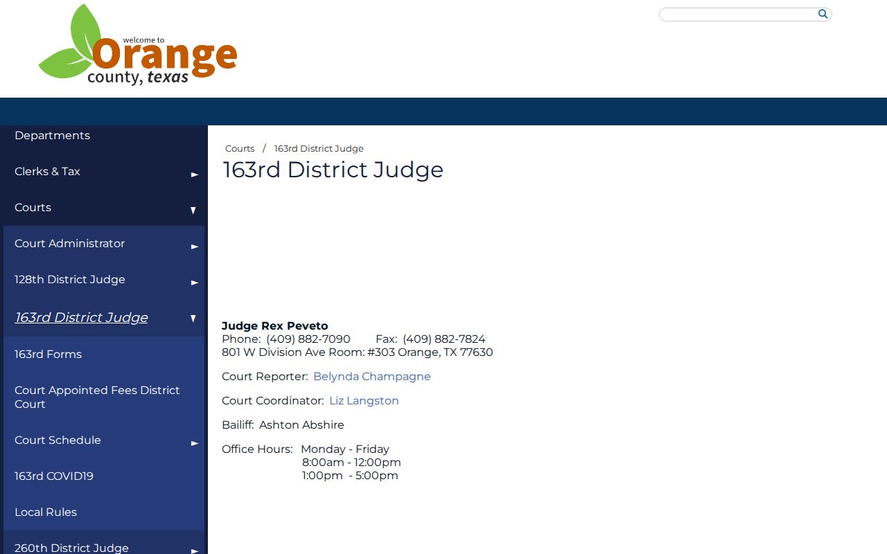 Orange County civil docket 163rd District Court coordinator page