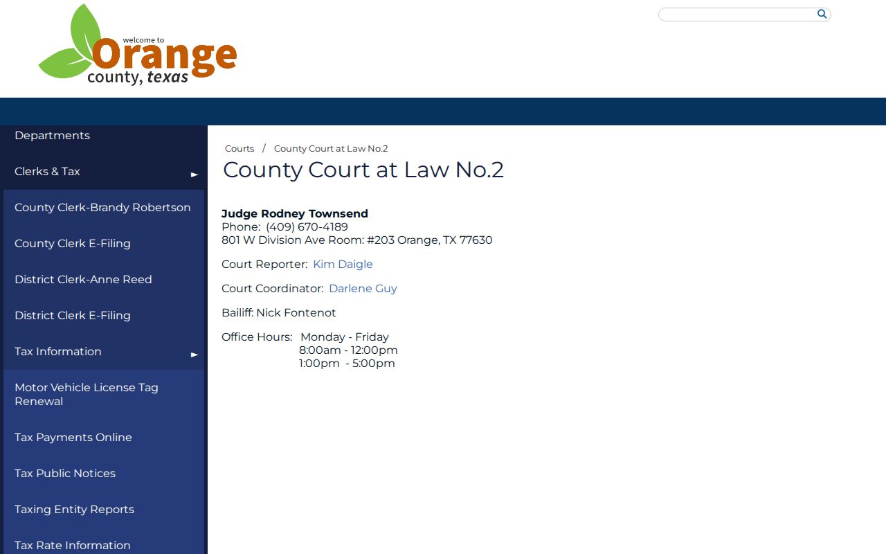 Orange County civil docket County Court at Law 2 panel