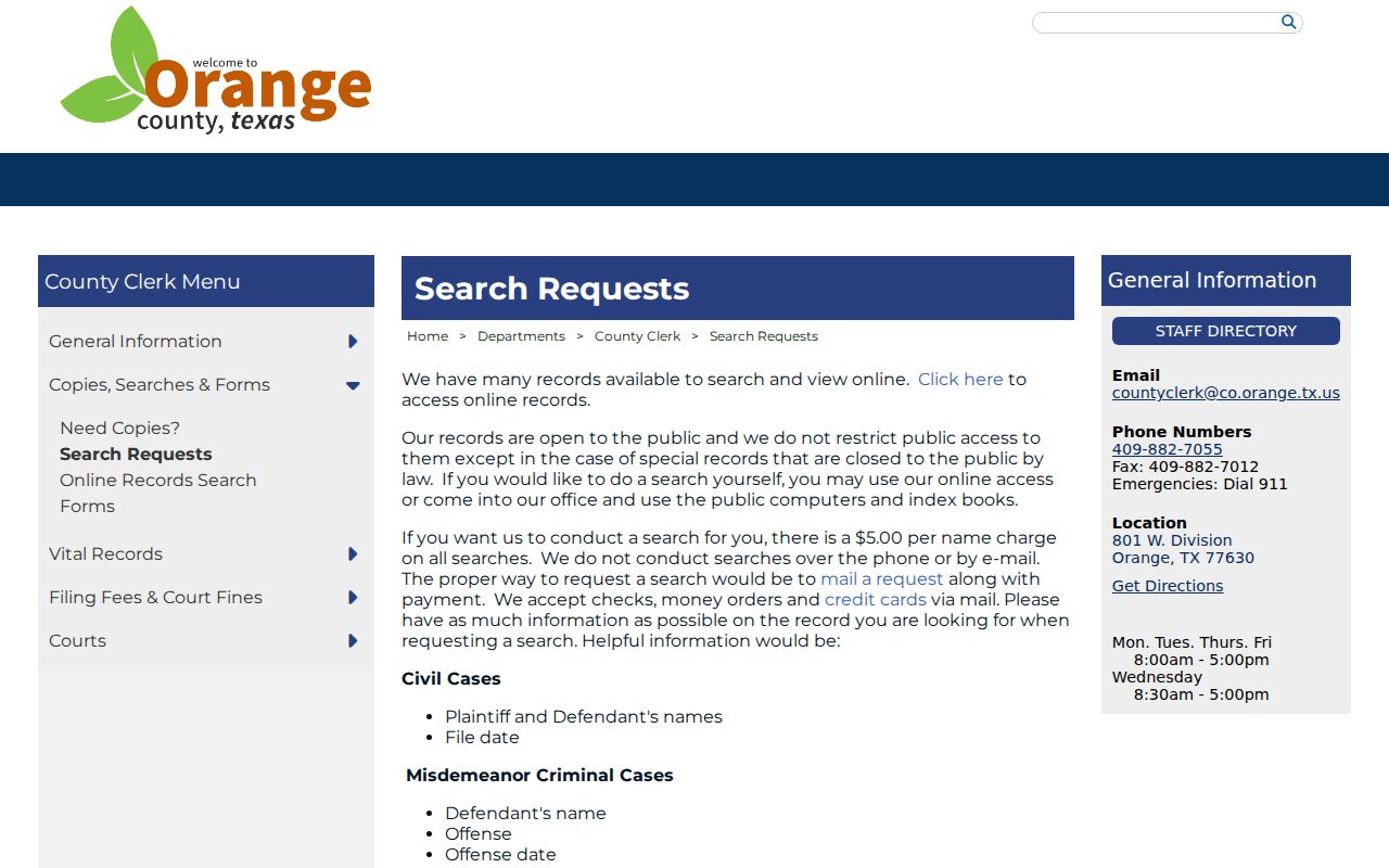 Orange County court record self-search and mail request instructions